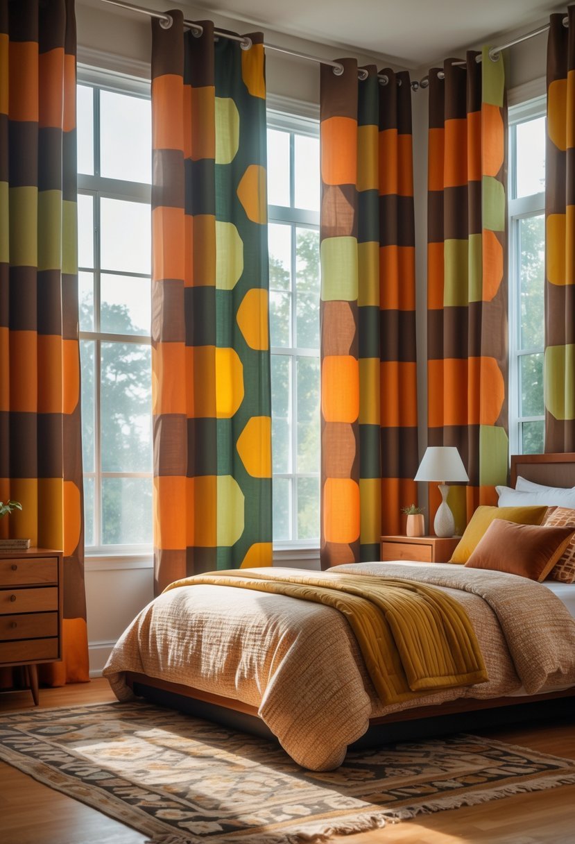 A bedroom with large windows covered by colorful geometric patterned curtains, a bed, a nightstand with a lamp, and a rug on the floor.