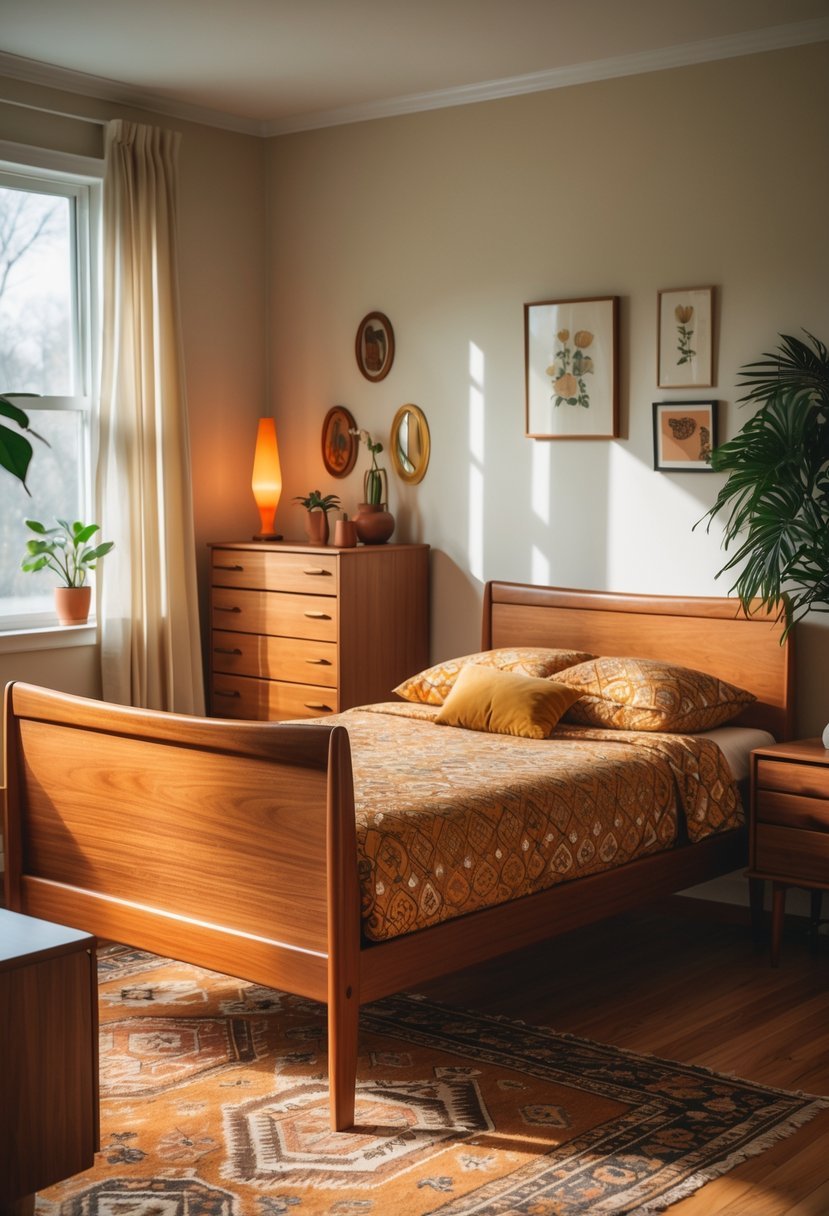 A bedroom with a teak wood bed, matching nightstands, and dresser, featuring warm patterned bedding and soft natural light.