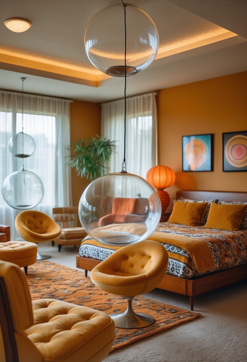 A bedroom with round bubble chairs suspended from the ceiling, featuring a bed, patterned bedding, and warm lighting.