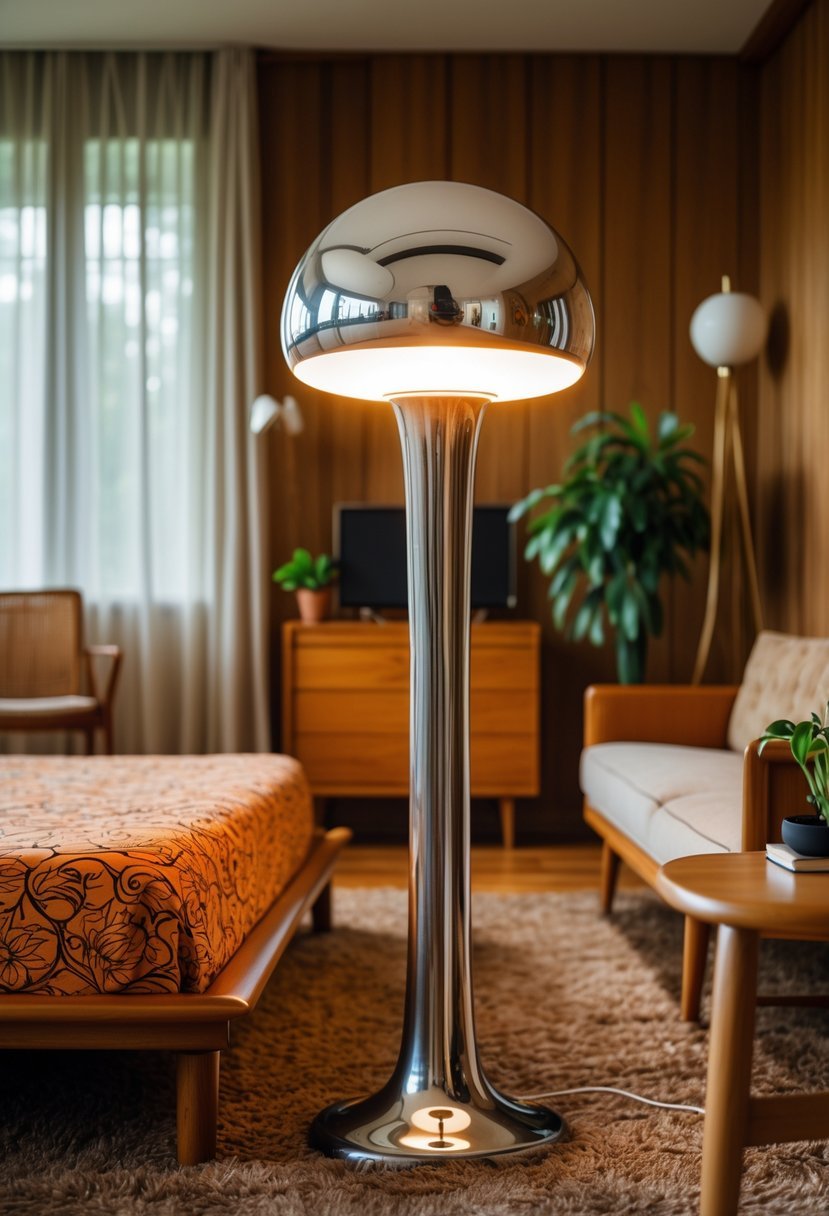 A bedroom with a retro chrome floor lamp, a bed with patterned bedding, wood-paneled walls, and warm natural lighting.