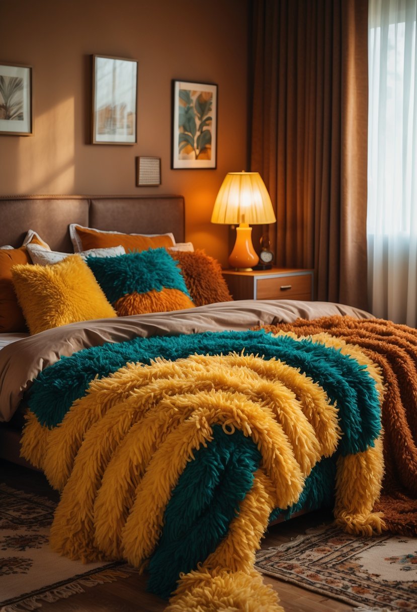 A bedroom with a bed covered in multiple colorful shag textile throws, surrounded by retro furniture and warm lighting.
