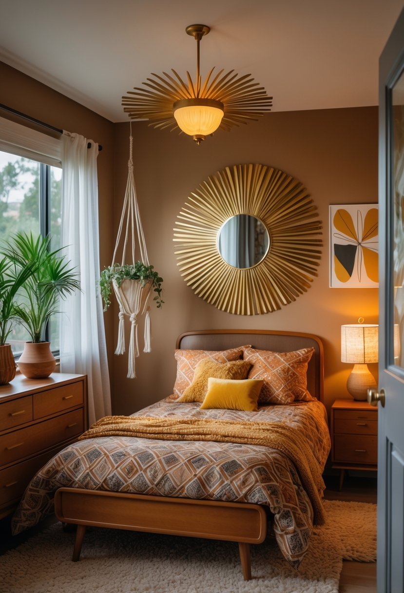 A bedroom with a sunburst mirror above a wooden dresser, a bed with patterned bedding, plants near a window, and warm natural light.