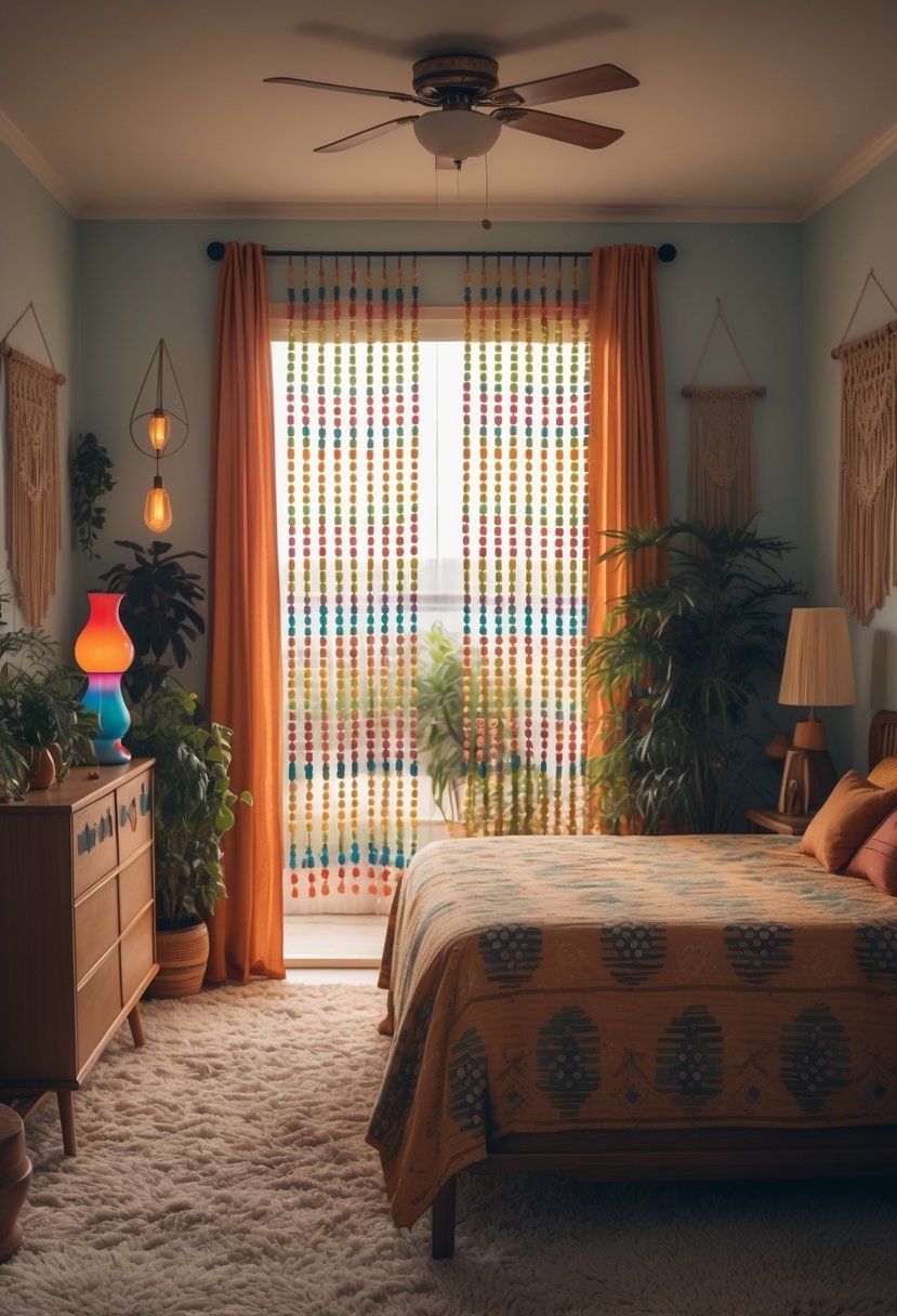 A bedroom with beaded door curtains, vintage furniture, and warm lighting.