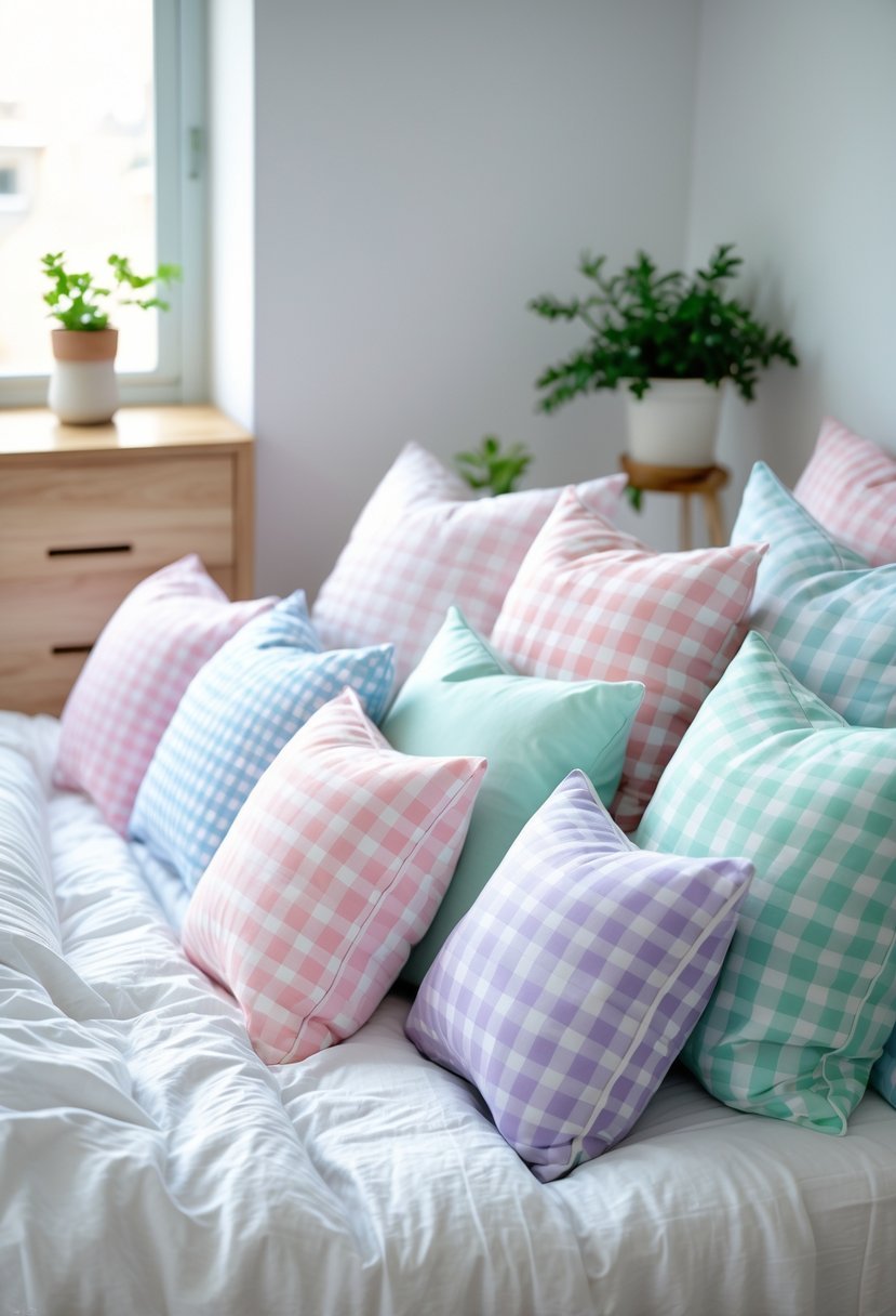 A bedroom with a bed covered in 15 pastel gingham cushions arranged neatly, with natural light coming through a window and simple bedroom decor in the background.