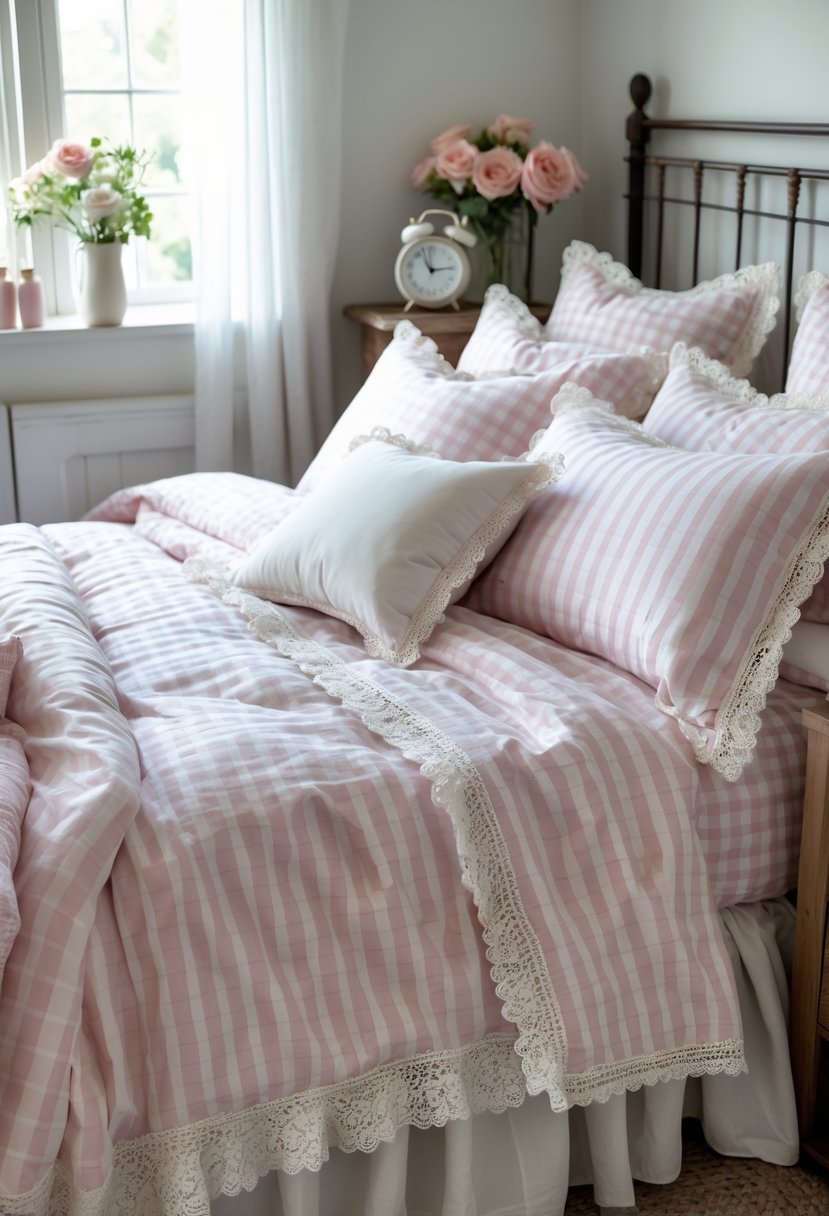 A neatly made bed with gingham patterned bedding and lace trim in a softly lit bedroom with a wooden nightstand and fresh flowers.