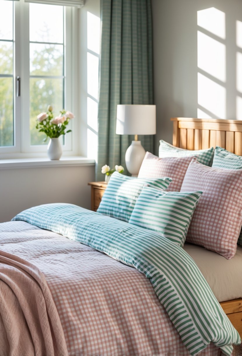 A bedroom with a bed dressed in gingham and striped patterned bedding, a wooden nightstand with a lamp and flowers, and natural light coming through a window.