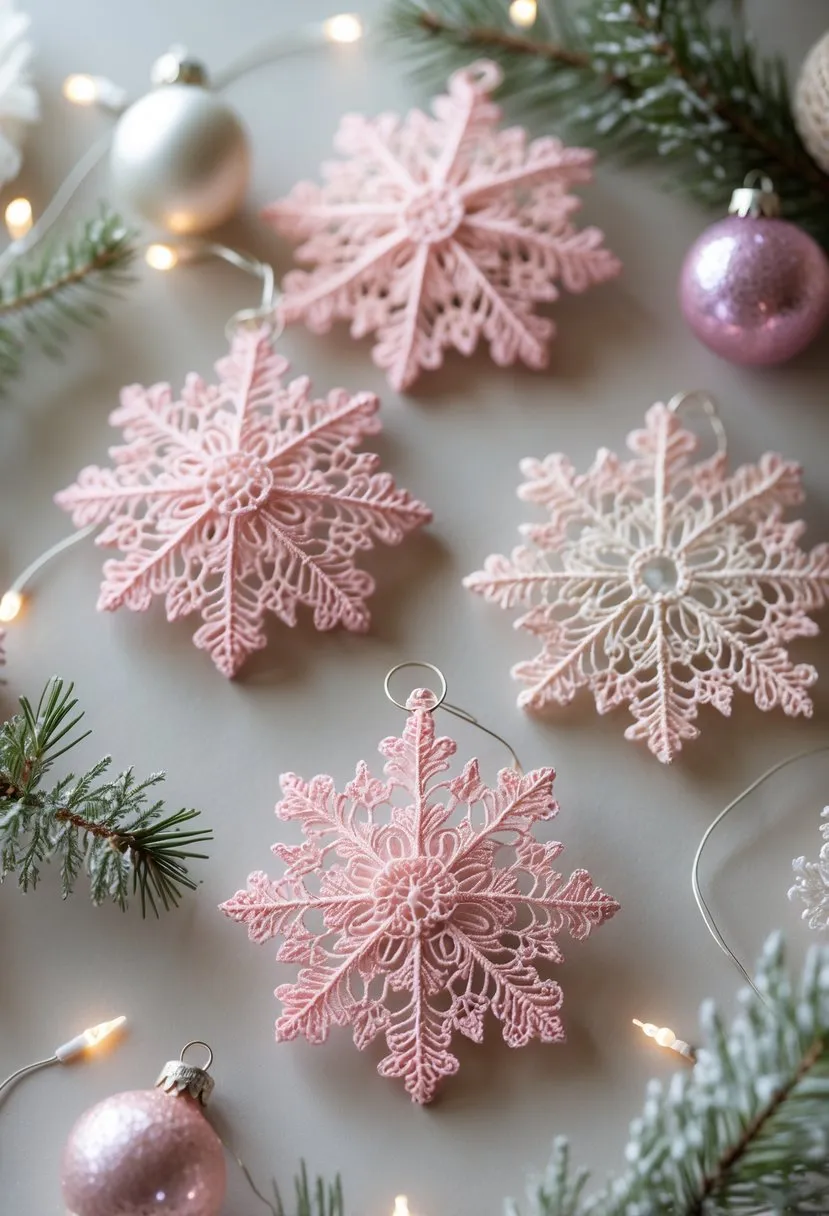 Delicate Pink Lace Snowflake Ornaments