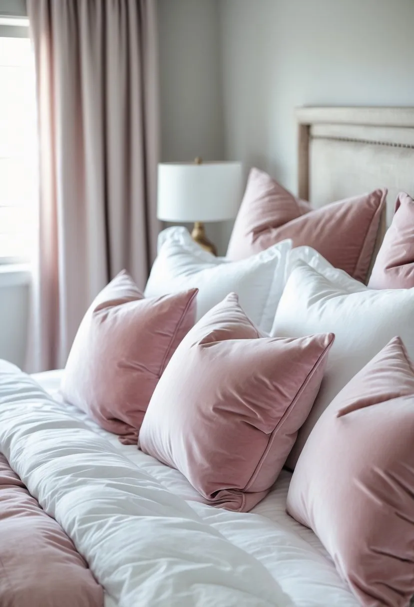 White bedding with pink velvet throw pillows
