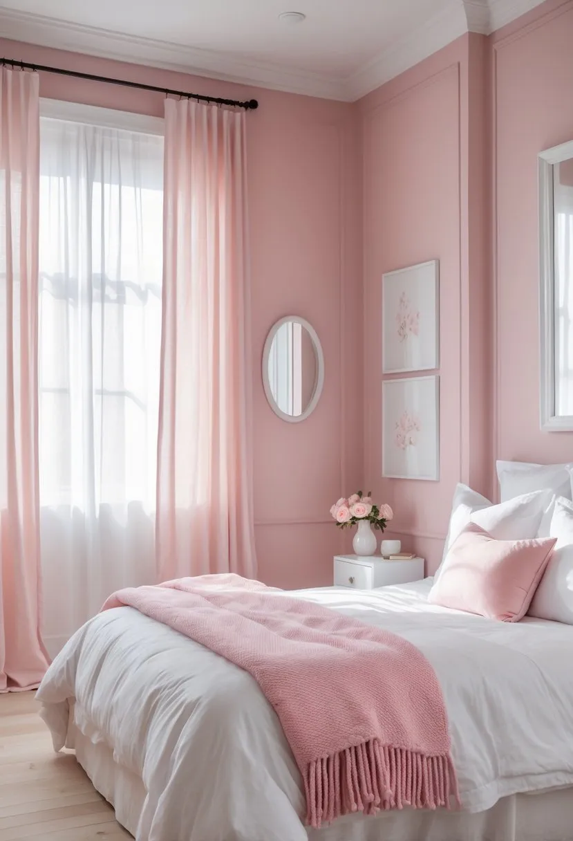 Soft blush pink walls with crisp white trim