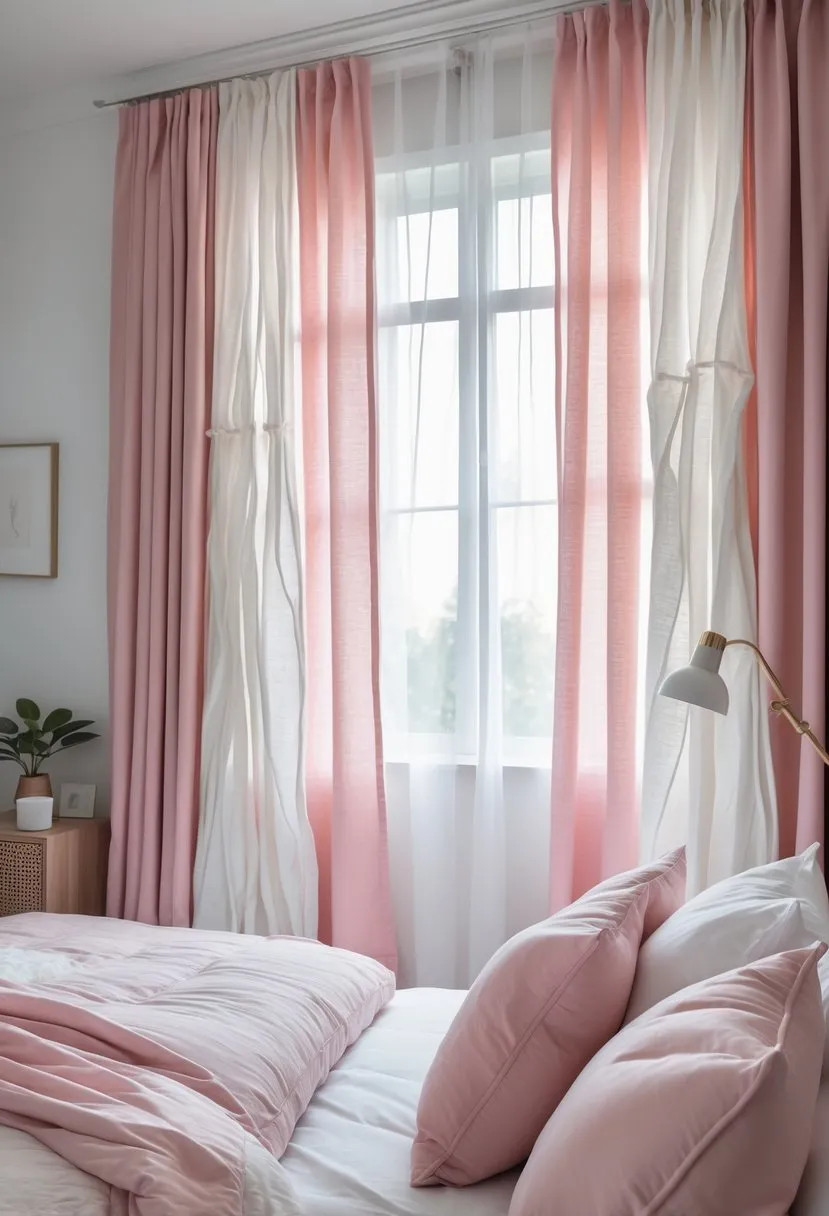 Layered pink and white curtains for texture