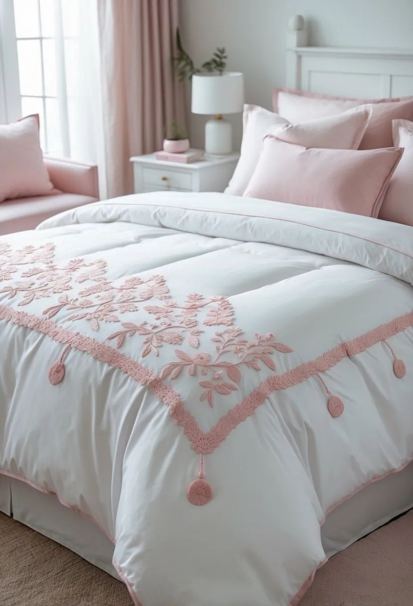 White duvet cover with blush pink embroidery