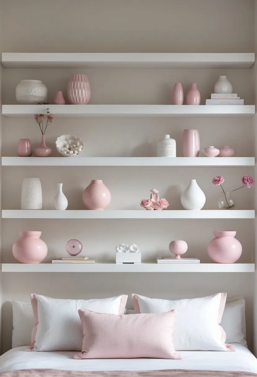 Minimalist white shelves with pink decorative objects