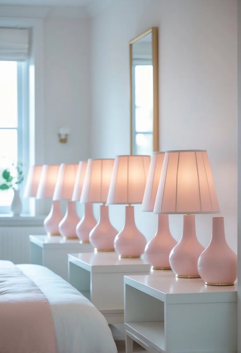  Pale pink lampshades on white bedside tables