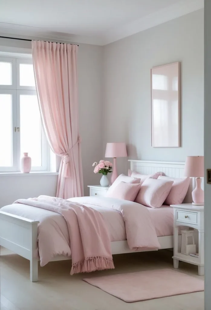  White furniture paired with pastel pink accents