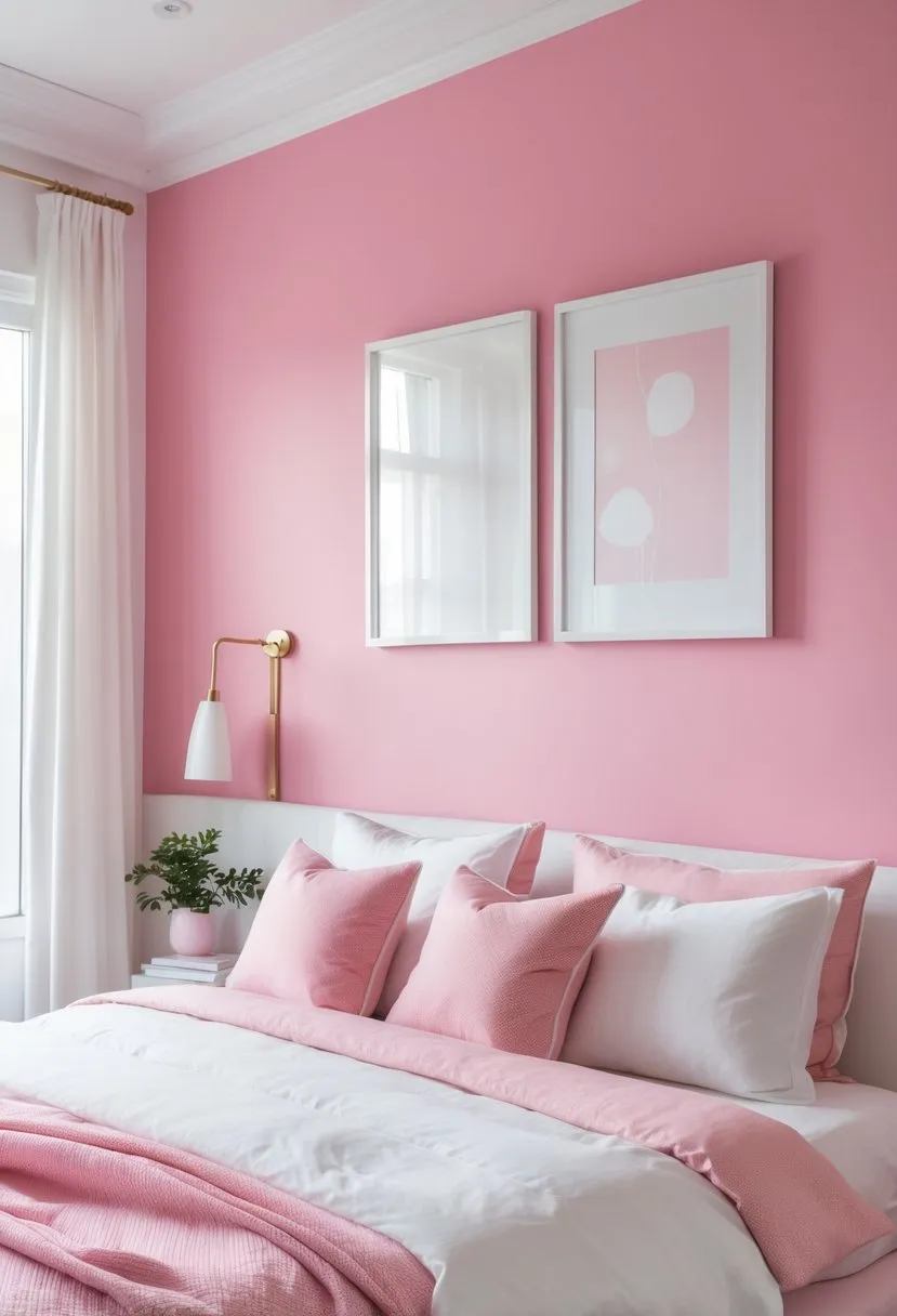 Pink feature wall with white framed artwork