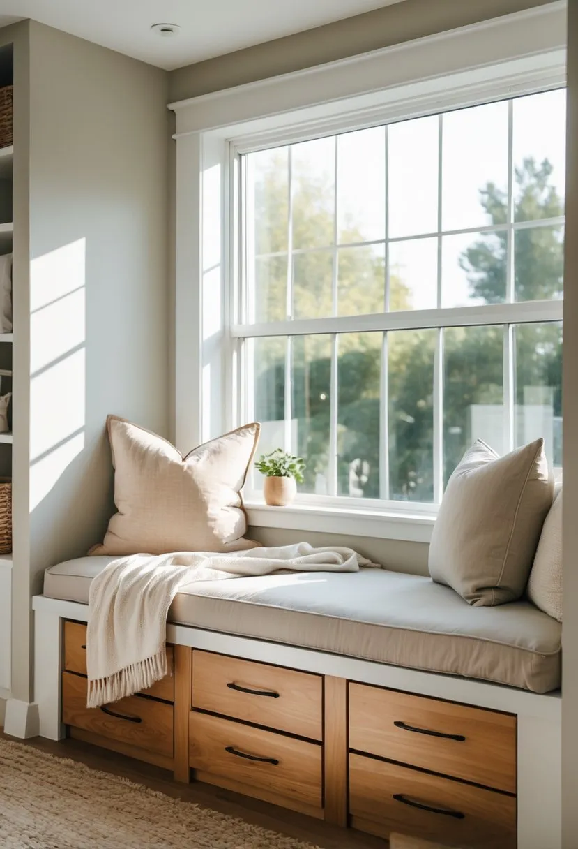 Built-in window seat with storage drawers