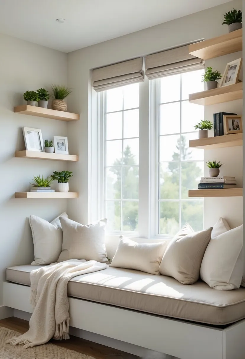 Window seat with floating shelves