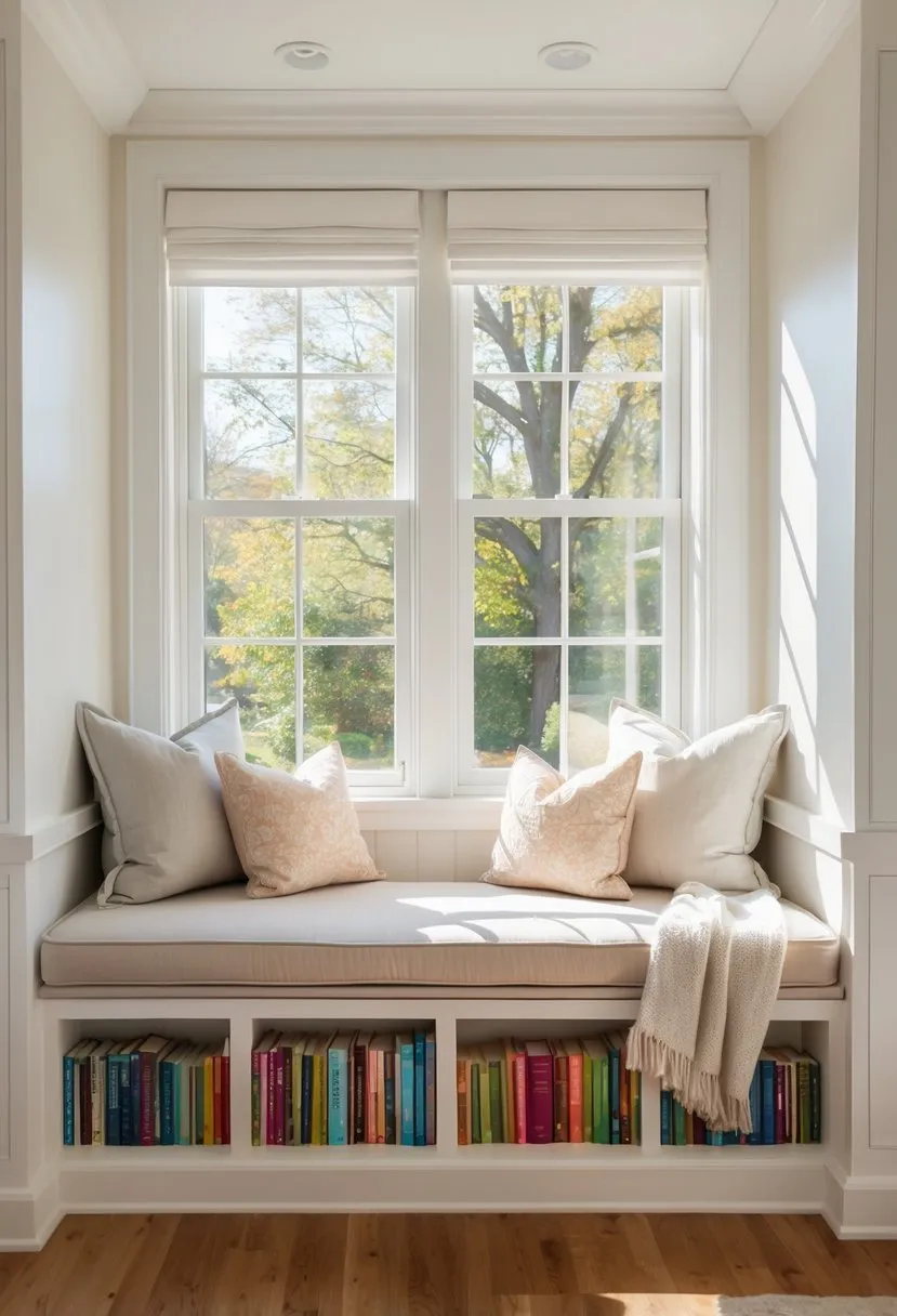 Window seat with under-seat book storage