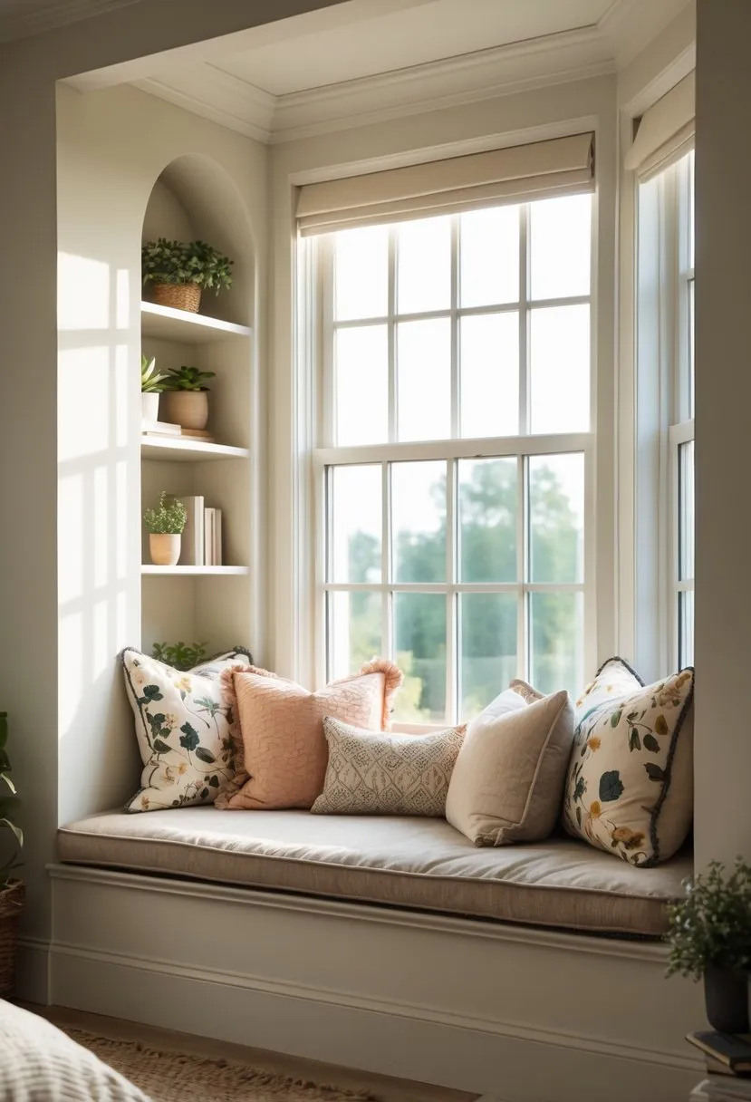  Vintage-style window seat with decorative pillows