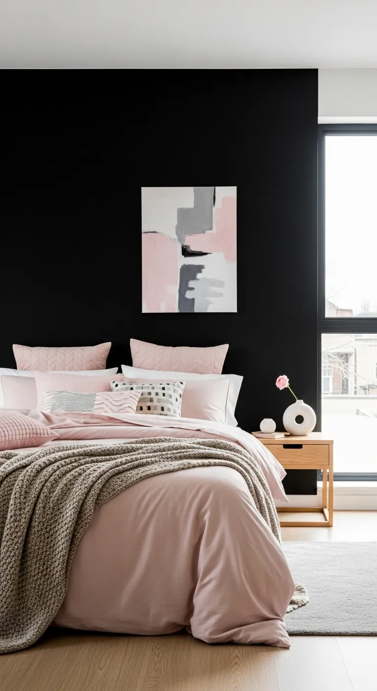 Black Accent Walls with Soft Pink Layers
