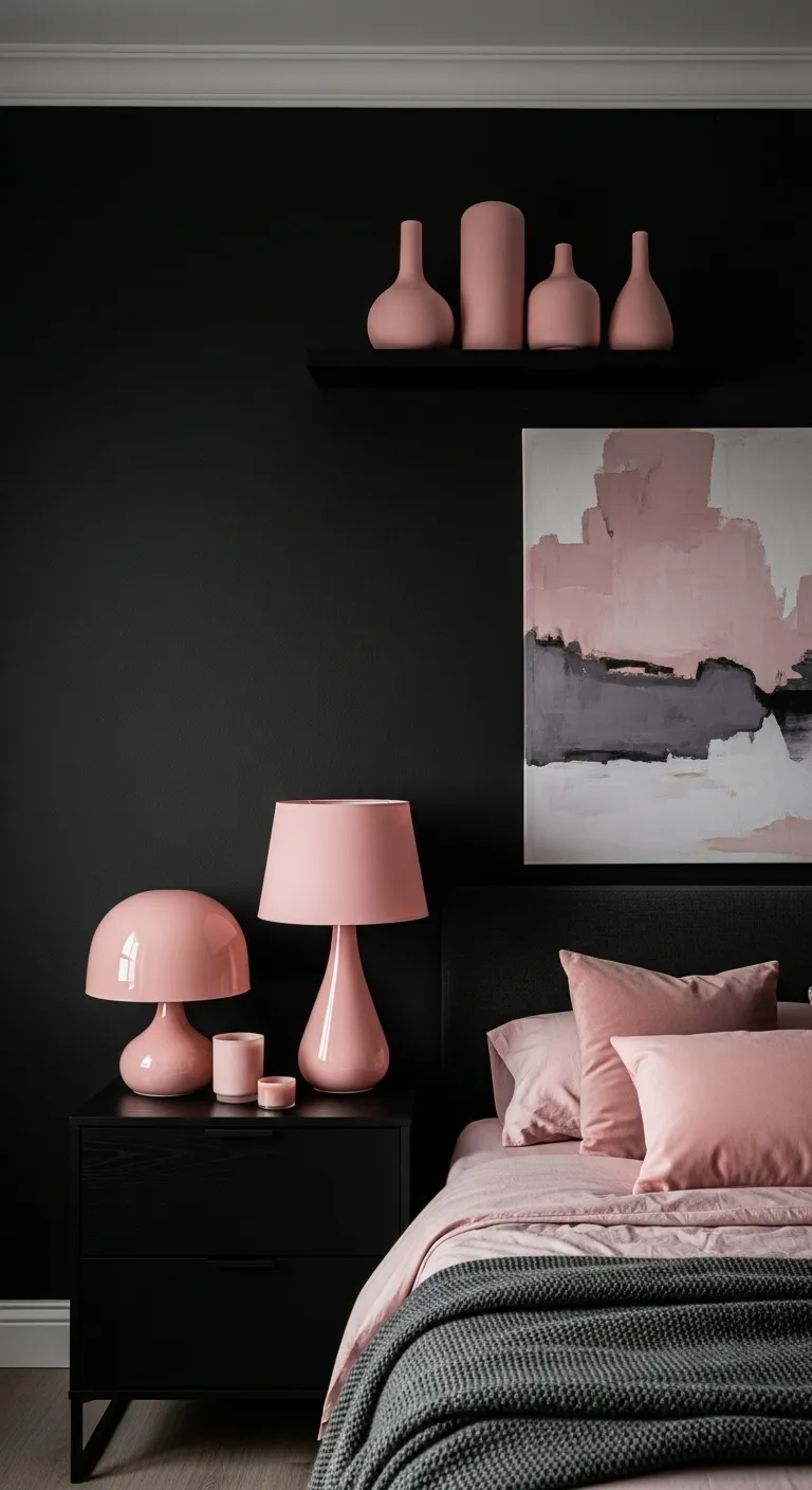 Black Walls with Blush Pink Decor Accents