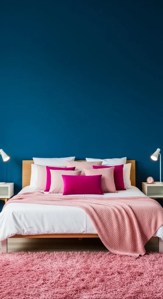 Deep Blue Accent Wall with Pink Pops