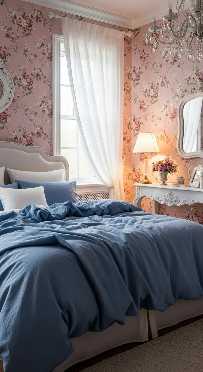 Floral Pink Wallpaper + Blue Linen Bedding