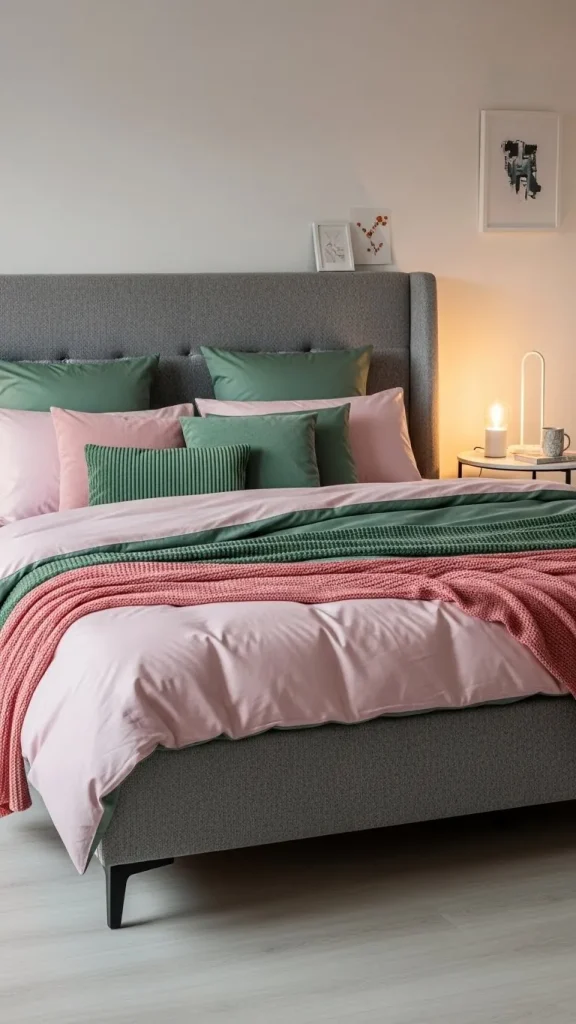  Grey Upholstered Bed with Pink & Green Bedding