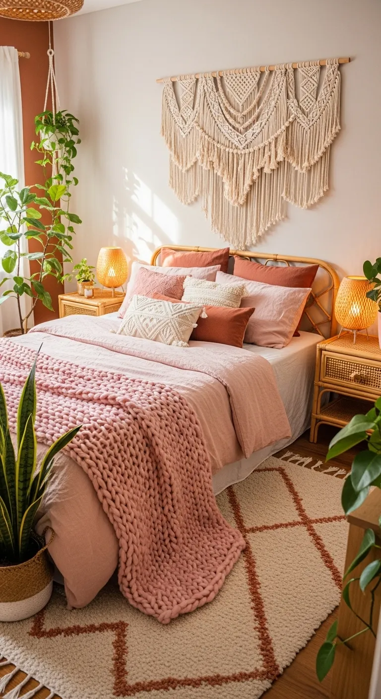 Pink Boho Bedroom with Natural Textures