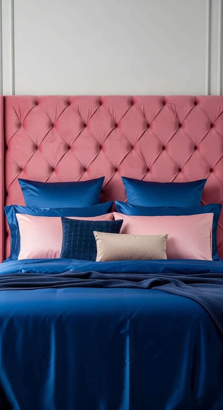 Pink Velvet Headboard + Blue Bedding