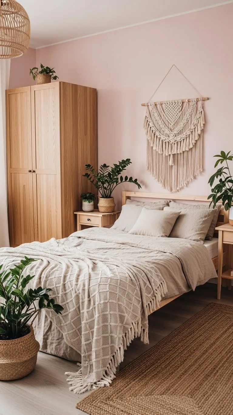 Pink Walls with Natural Wood Furniture