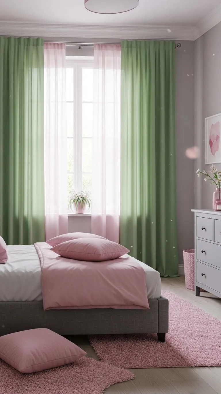 Soft Green Curtains + Pink Touches