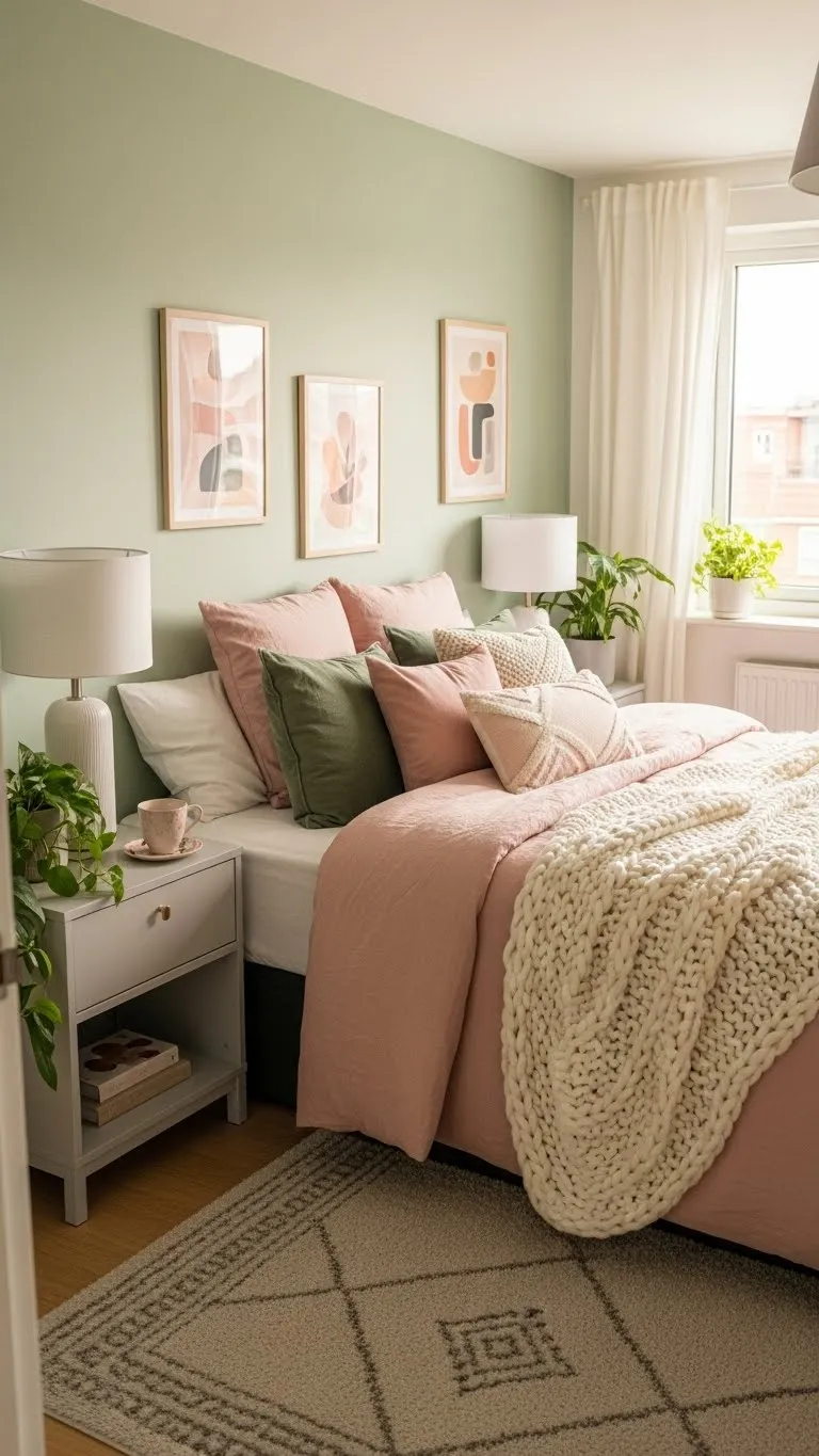 green pink and grey bedroom