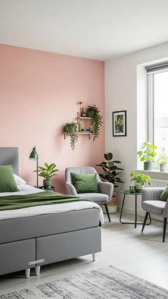 Blush Pink Feature Wall with Grey & Green Accents