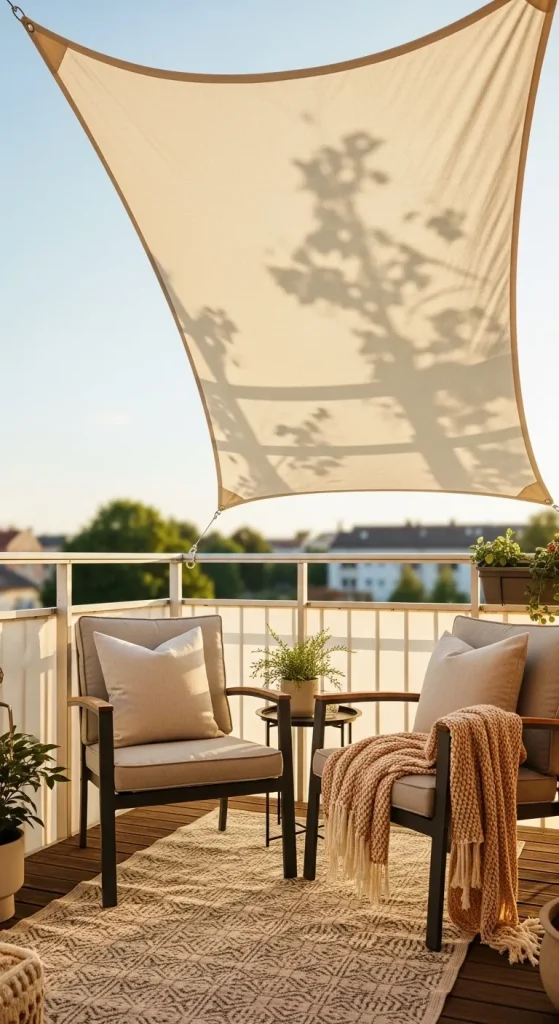 16 Balcony Privacy Ideas Diy: Stylish, Budget-Friendly Hacks 17 Sunshade sails meet soft furnishings 4 11zon