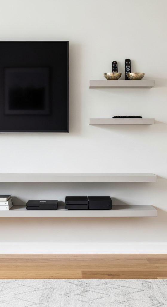 living room with floating shelves