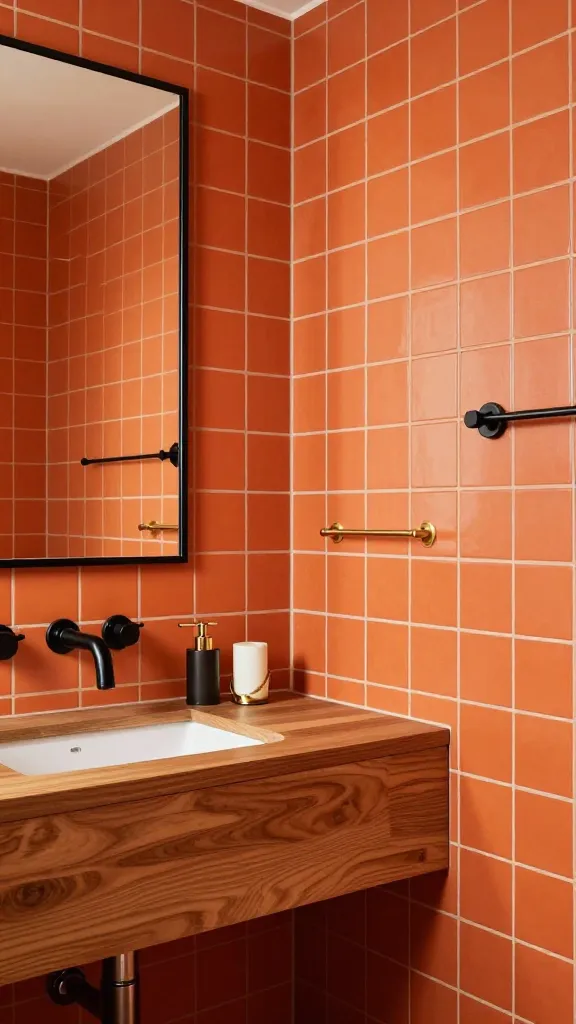 A luxurious bathroom interior featuring a bold, feature wall of matte tangerine-orange tiles (covering a full wall or a large niche) with a subtle cream-white grout, paired with sleek black hardware and fixtures. Include a black-framed mirror above a low-slung floating vanity in warm wood tones, and brass accents (faucet, towel bars, and hardware) to soften the dramatic look. The overall vibe is boutique-hotel chic: confident, modern, and a touch rebellious. The scene should feel cohesive, well-lit with natural daylight and soft interior lighting, showcasing textures of matte tile, wood grain, and metallics, with a clean, clutter-free bathroom space. No text on the image.