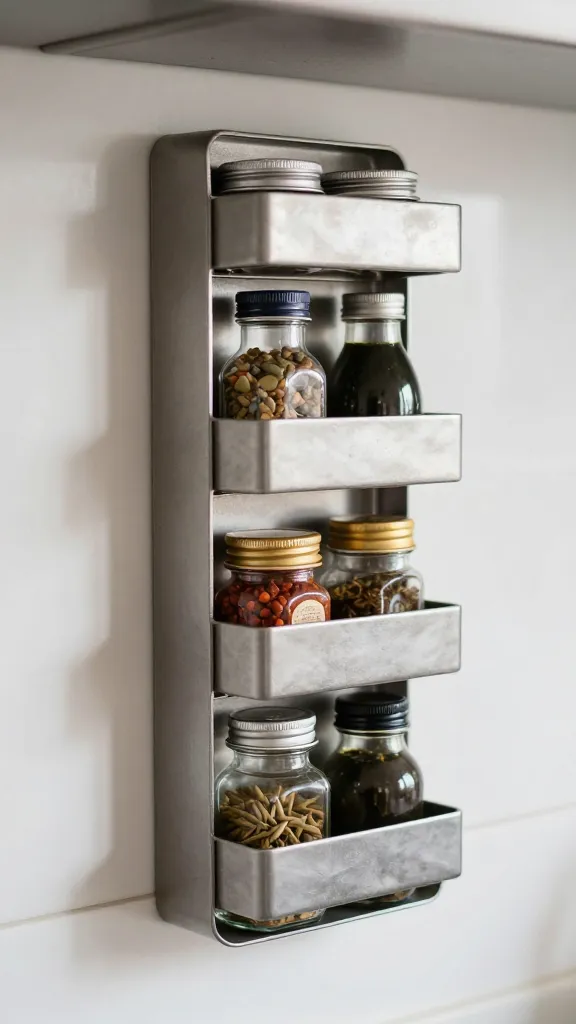 Focused shot of a vertical spice rack mounted on backsplash