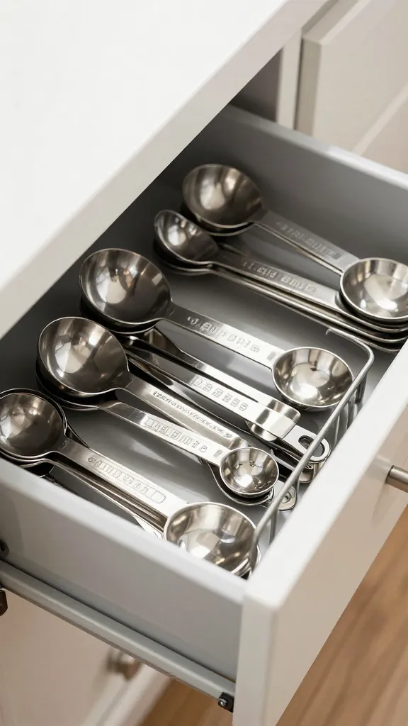 Tight closeup of a pull-out drawer organizer filled with measuring spoons