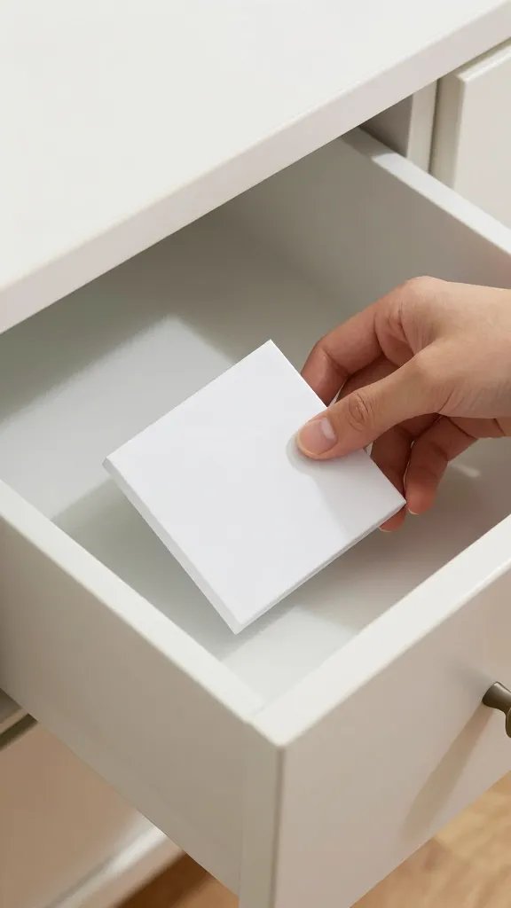 Closeup of a hand placing a single item into a tidy drawer