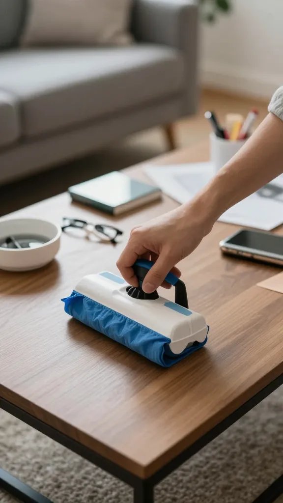 Focused shot of a 5-minute clutter-clearing act on a coffee table