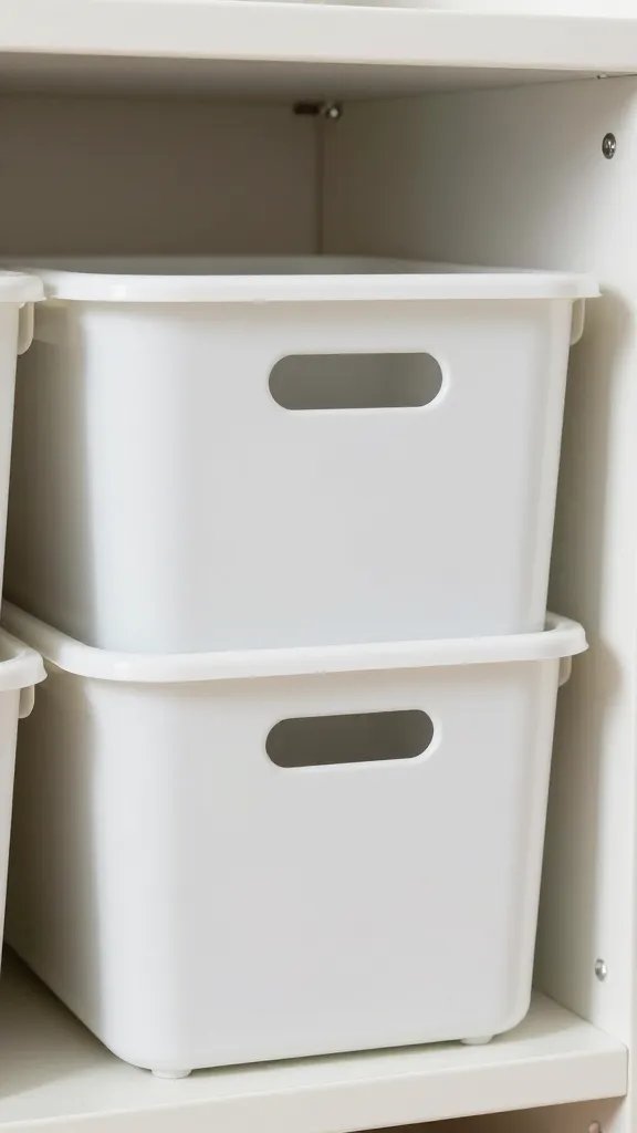 Closeup of a labeled storage bin neatly organized in a small cabinet