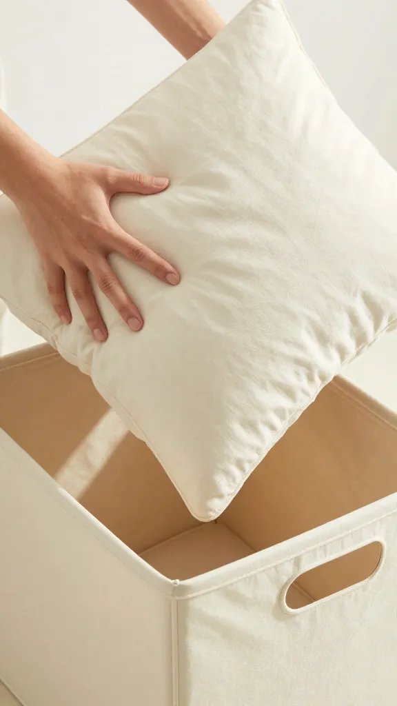 closeup of a hand flipping a throw pillow into a neat storage bin