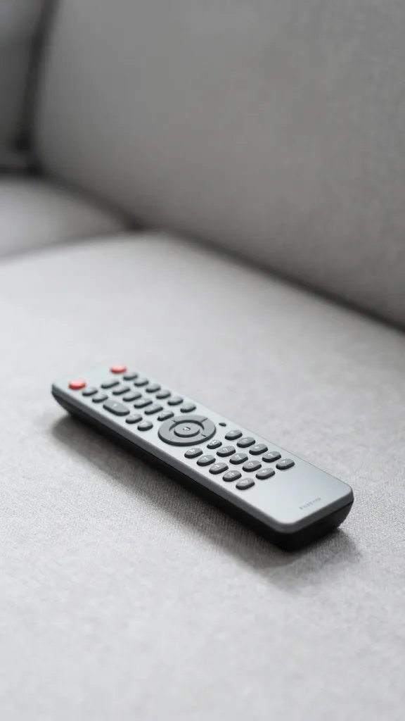 closeup of a remote control resting on a minimal, tidy sofa surface with clean, monochrome decor