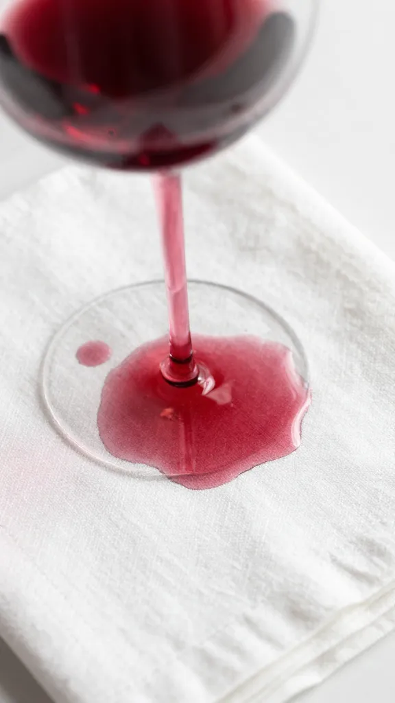 closeup of red wine spill on white linen napkin