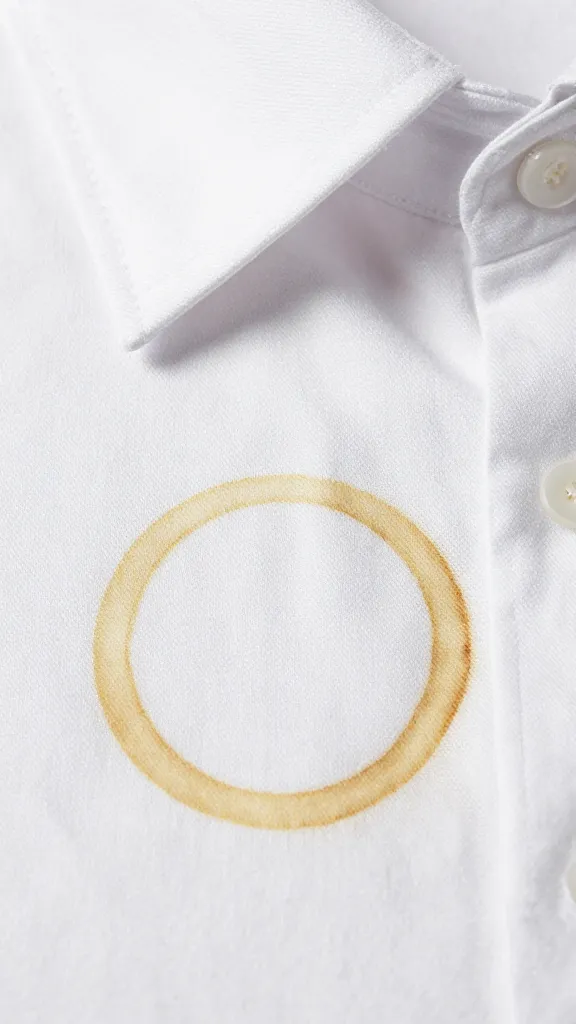 closeup of coffee stain on white cotton shirt collar