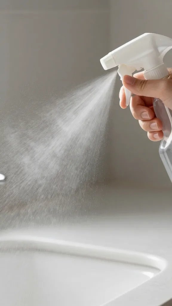 Closeup spray bottle misting countertop surface