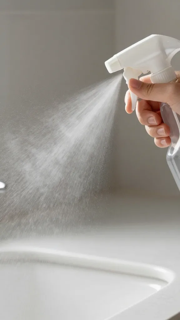 Closeup spray bottle misting countertop surface