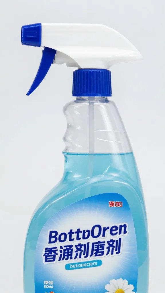 closeup of a spray bottle labeled bathroom cleaner