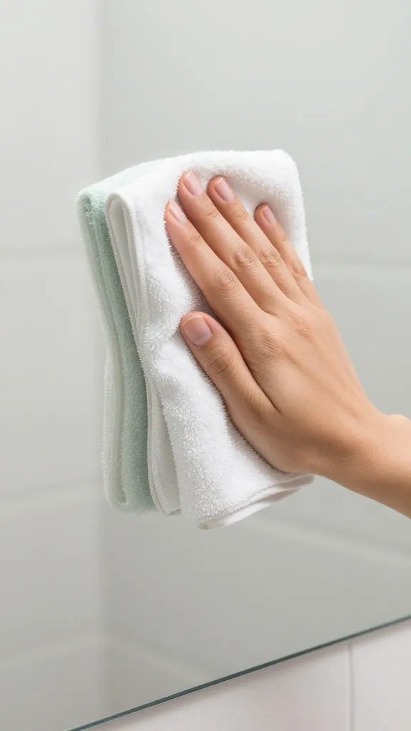 closeup of microfiber cloth wiping a glossy bathroom mirror